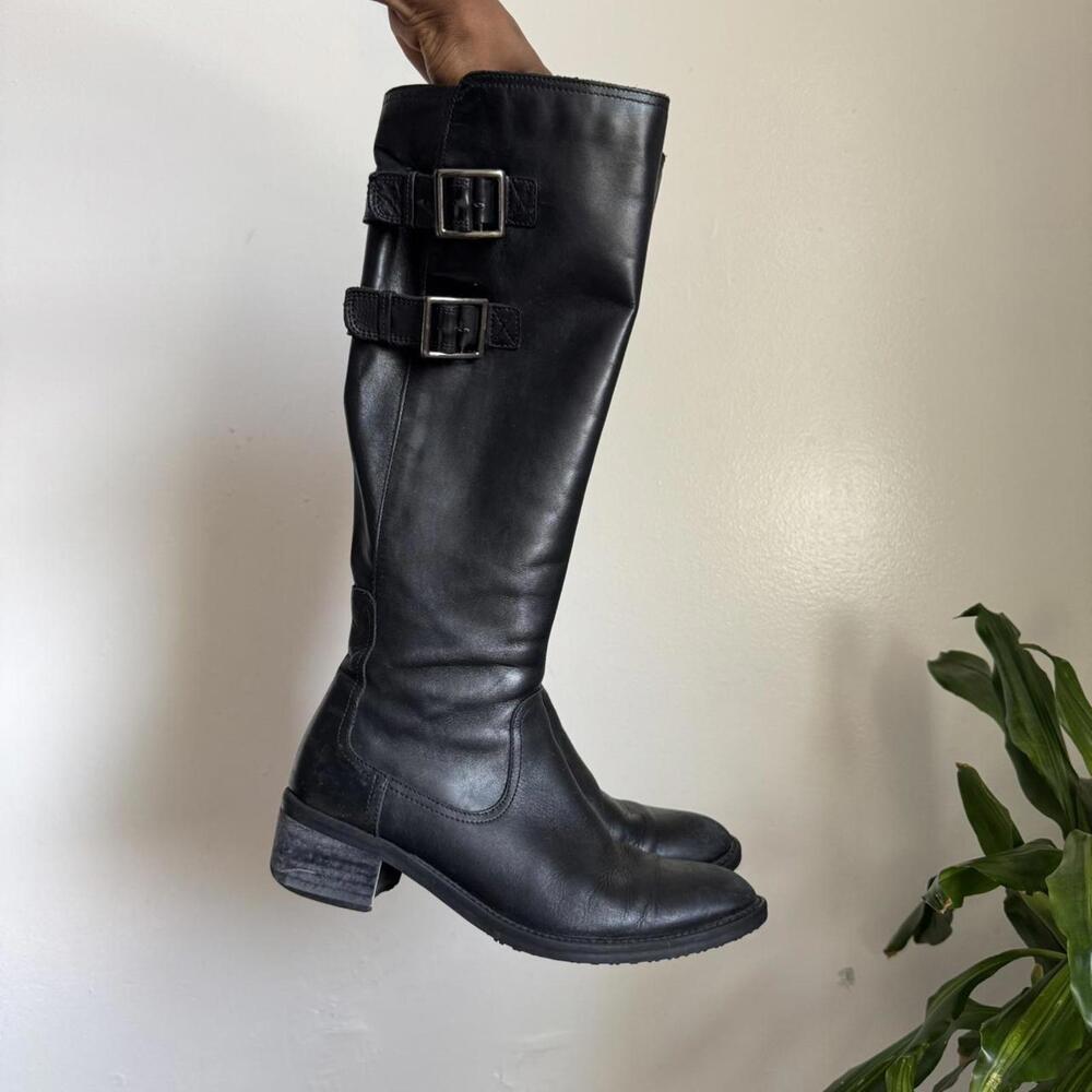Vintage Black womens knee-high‎ grunge leather biker boots side buckles size 7.5